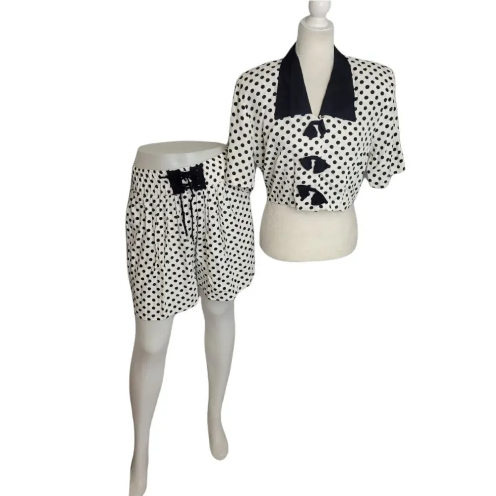 VINTAGE 80s set polka-dot high waist shorts and crop top S - Picture 1 of 15